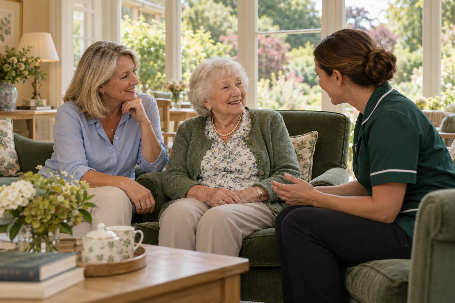 Illustrative scene of an older woman, her adult daughter and a care professional sharing a warm conversation in a sunlit garden room.