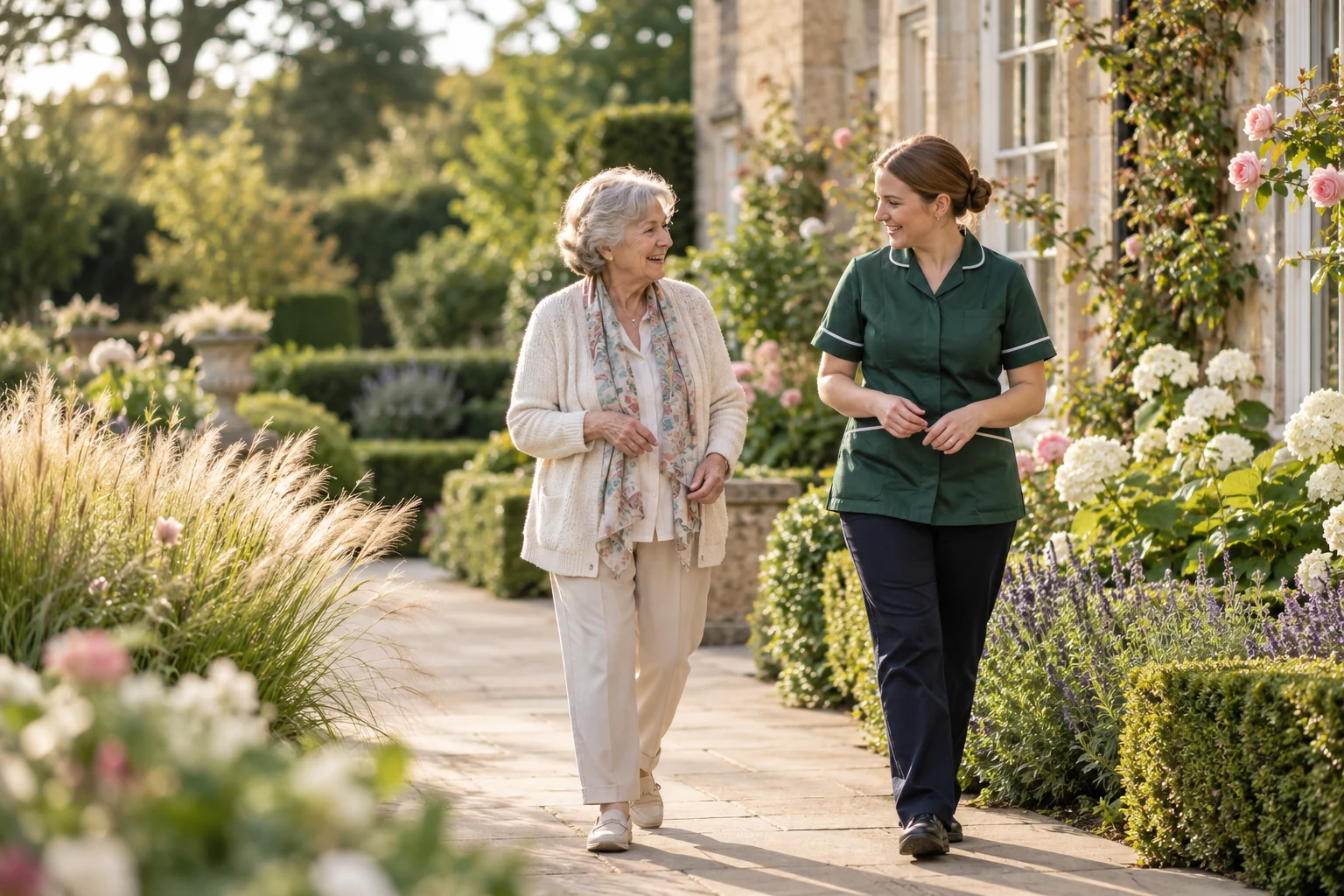 Illustrative scene of an older woman and a care professional enjoying a relaxed walk through a sunlit care-home garden.