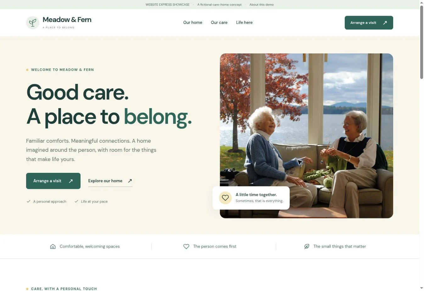 Meadow & Fern · Website Express illustrative care-home website desktop preview