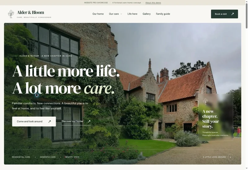 Illustrative Alder and Bloom care home website shown in the Website Pro demonstration