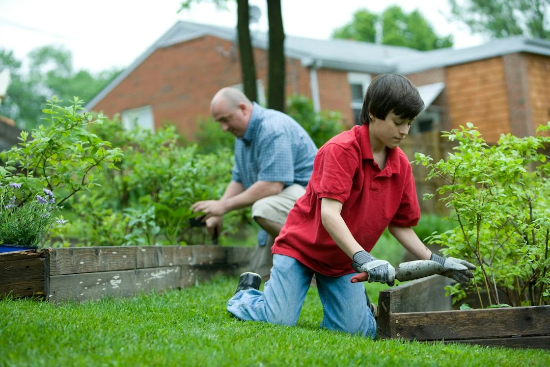 Illustrative older couple tending raised garden beds outside a brick home